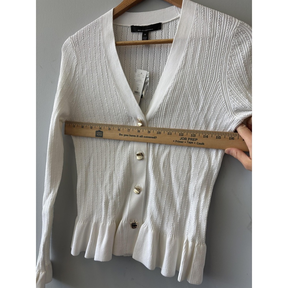 White House Black Market Cardigan Womens Medium White Ruffle Button Long Sleeve - Picture 5 of 7